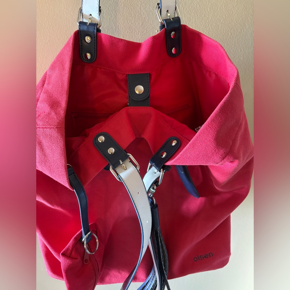 Olsen Europe Red Canvas Tote Bag with Blue Straps - Picture 4 of 14